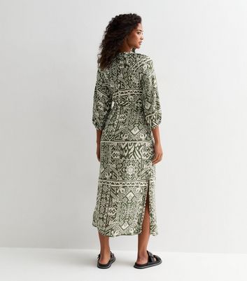 Green Abstract Print Belted Granddad Shirt Midi Dress New Look