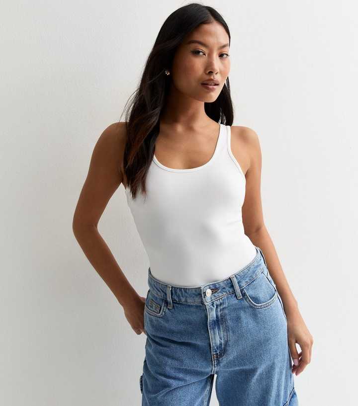 Petite White Stretch Scoop-Neck Thong Bodysuit