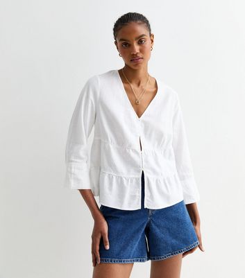 Tall White Linen-Blend Tiered Shirt New Look