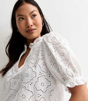 Petite White Embroidered Cotton Puff Sleeve Blouse