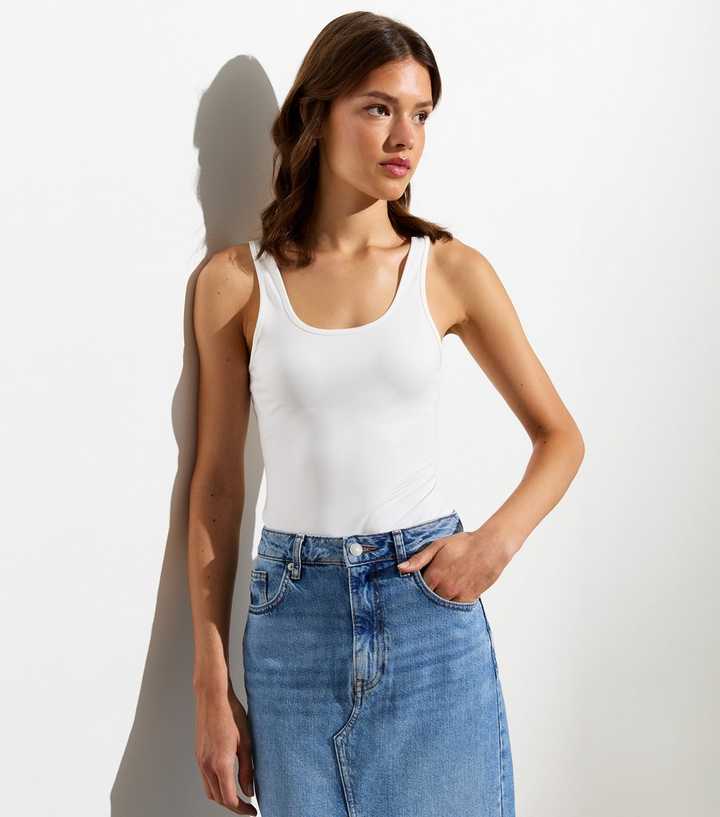 Tall White Stretch Scoop-Neck Thong Bodysuit