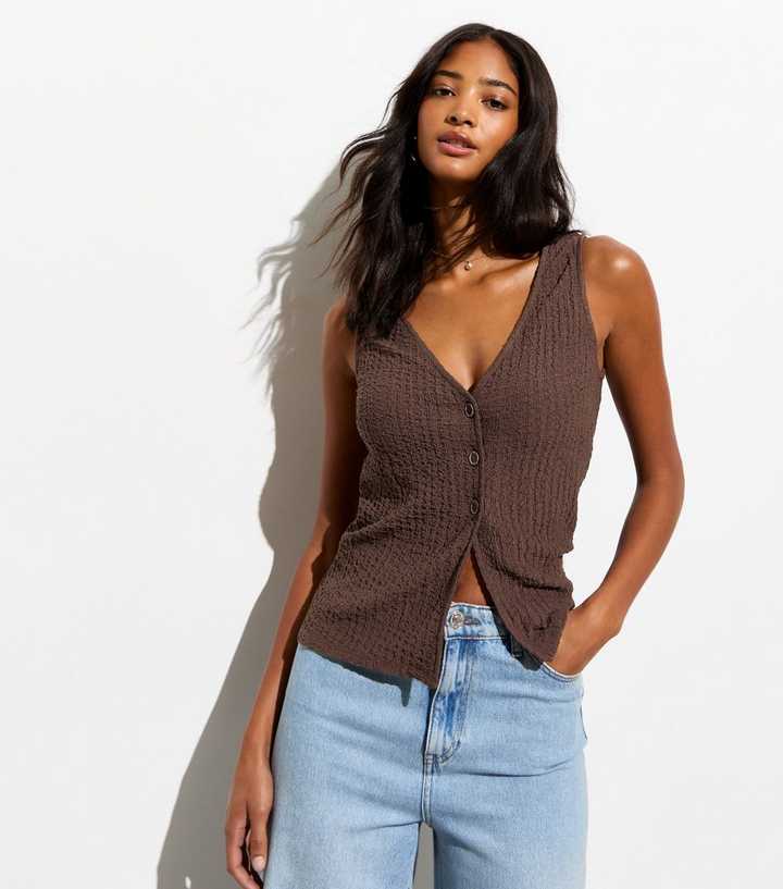 Dark Brown Textured Button Through Vest