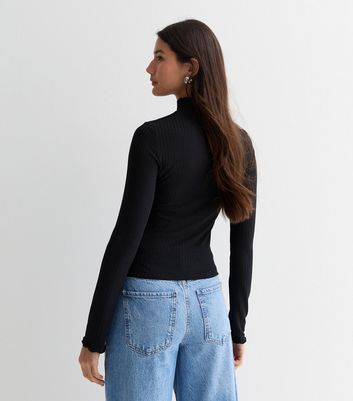 Black Ribbed Jersey Long Sleeve Frill Hem Top