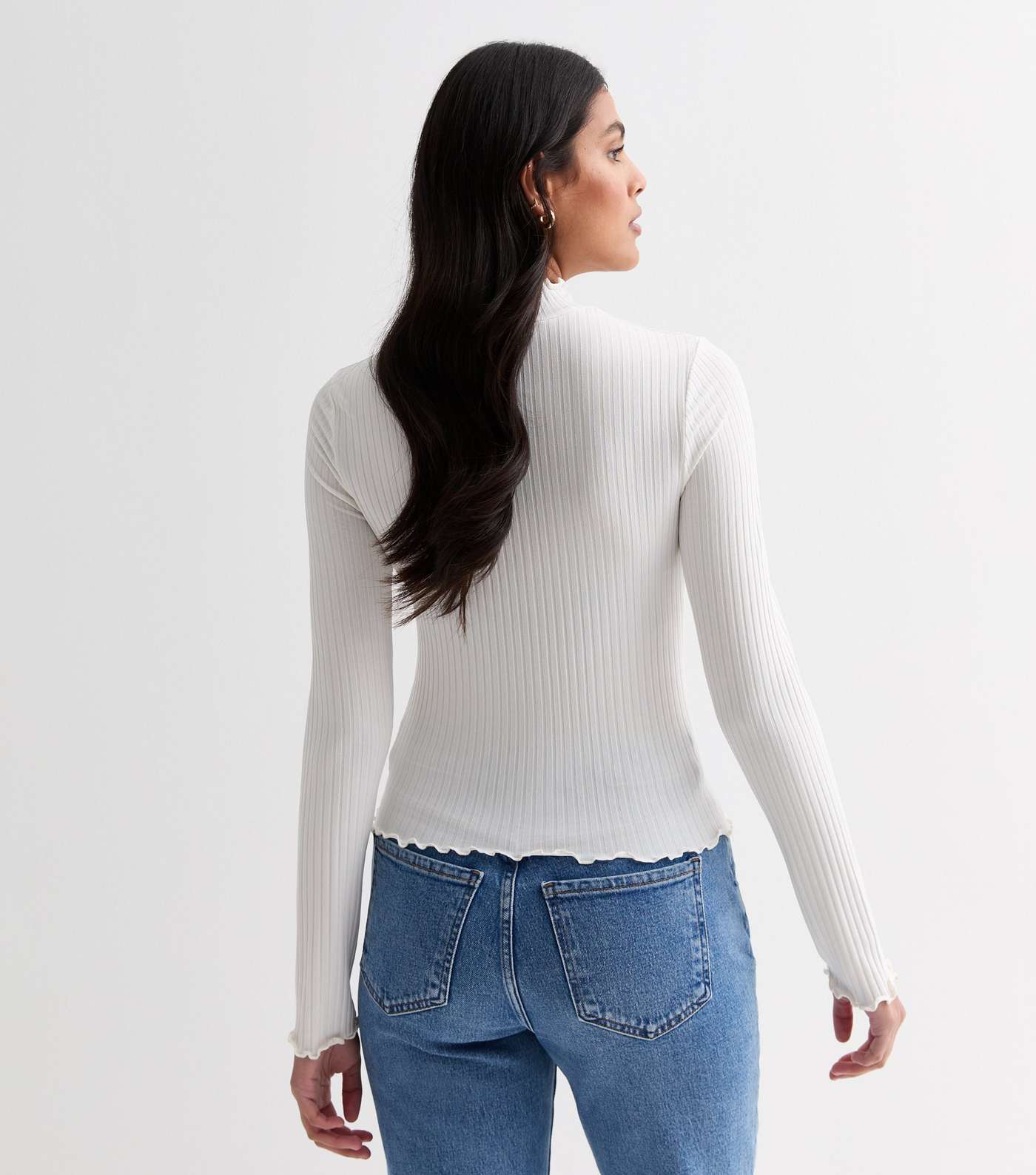 Off White Ribbed Jersey Long Sleeve Frill Hem Top Image 5