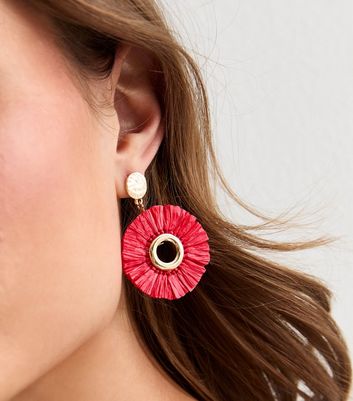 Red Circle Straw Drop Earrings New Look