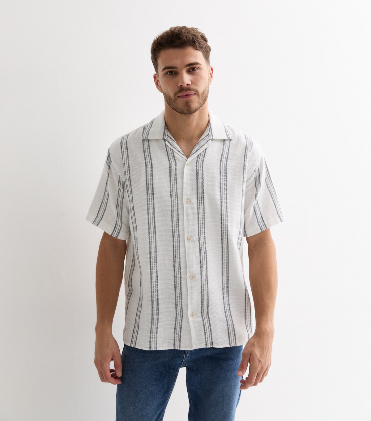 Men's White Stripe Cotton Short Sleeve Shirt Jack & Jones New Look