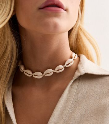 Cream Shell Cord Choker Necklace New Look