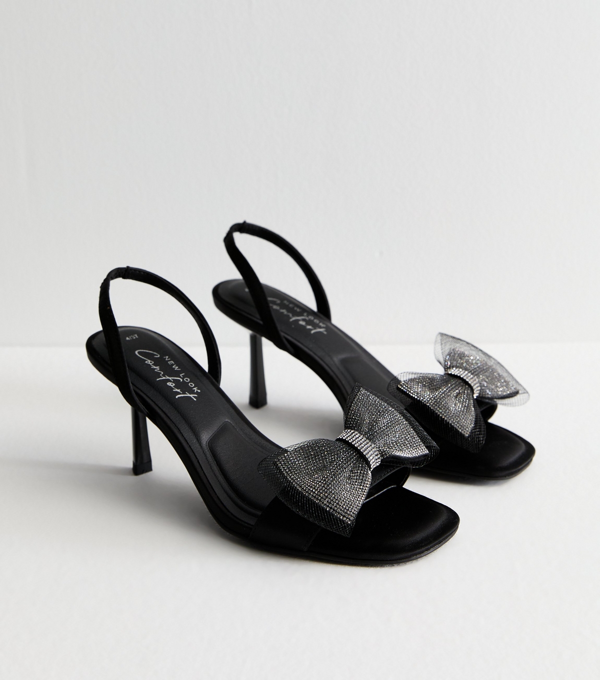 Women's Black Satin Mesh-Bow Slingback Sandals Vegan New Look