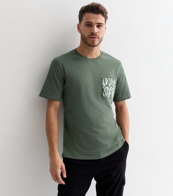 Men's Jack & Jones Khaki Cotton Leaf Print Pocket T-Shirt New Look