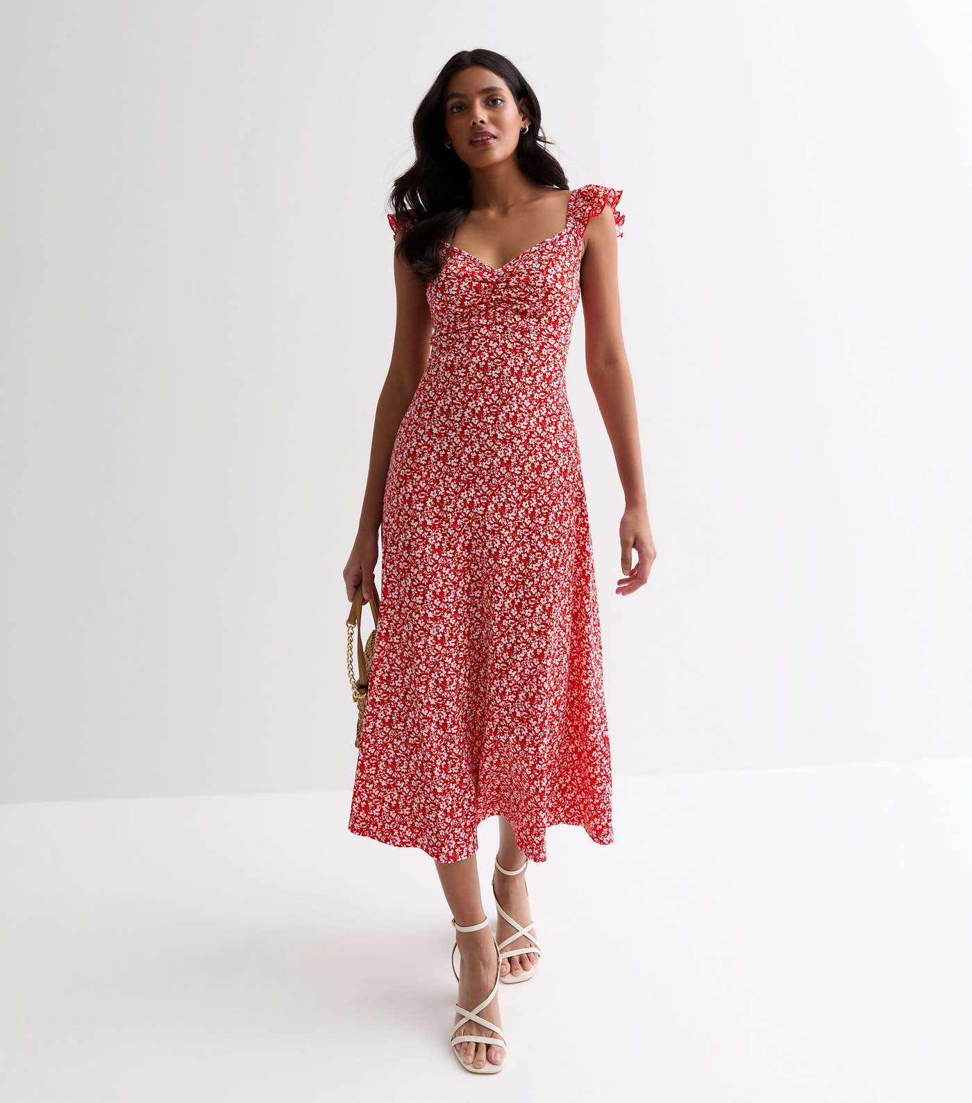 Red Ditsy Print Sweetheart Ruched Midi Dress Image 3
