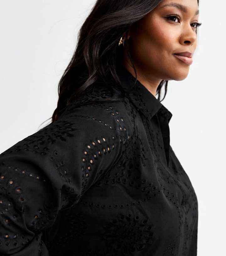 Curves Black Broderie Long Sleeve Shirt