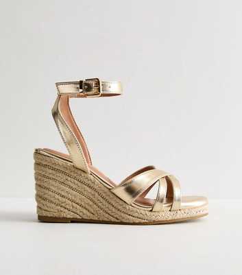 Wide Fit Gold Leather-Look Wedge Sandals