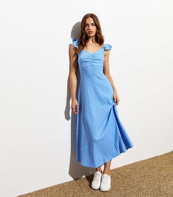 Blue Spot Crinkle Ruched Front Midi Dress New Look
