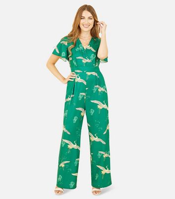 Yumi Green Crane Print Flutter Sleeve Jumpsuit New Look