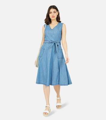 Yumi Pale Blue Denim-Look V Neck Midi Dress