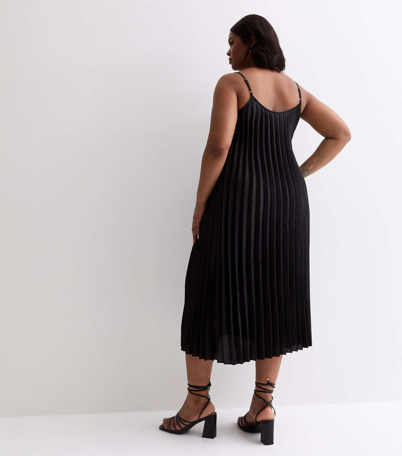 Curves Black Satin Pleated Strappy Midi Dress Image 5
