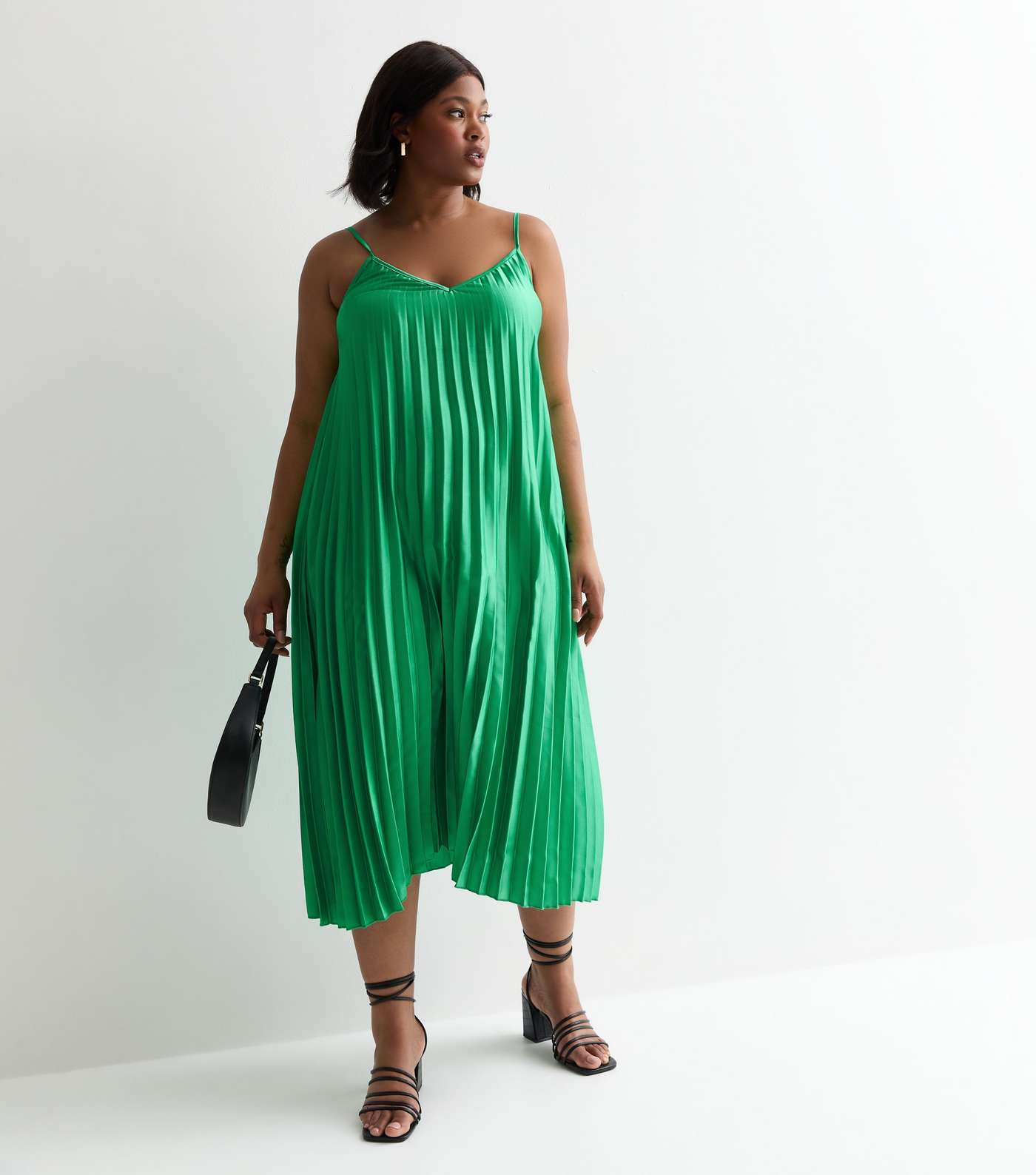 Curves Green Satin Pleated Strappy Midi Dress Image 2