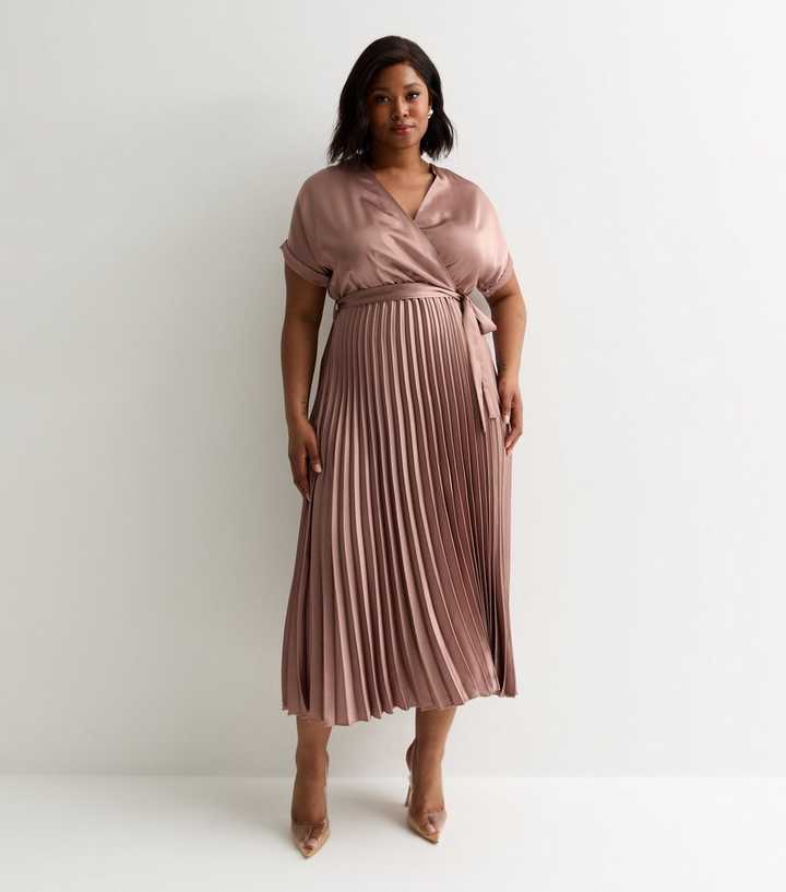 Curves Mink Satin Pleated Wrap Midi Dress