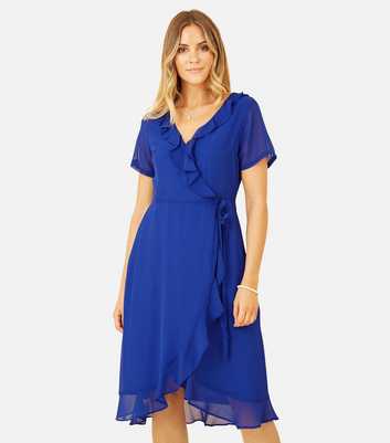 Yumi Bright Blue Frill Wrap Midi Dress