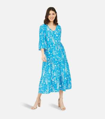 Yumi Bright Blue Sea Life Print Tiered Midi Dress