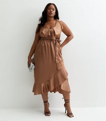 Curves Brown Ruffled Satin Midi Dress New Look