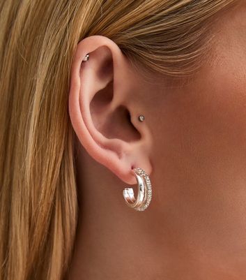 Silver Diamante Double Mini Hoop Earrings New Look