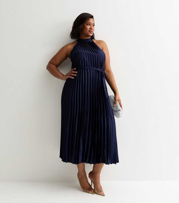 Curves Navy Pleated Satin Halter Midi Dress