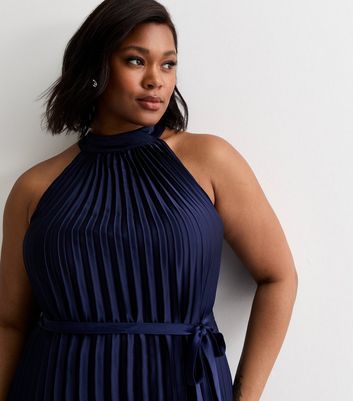Curves Navy Pleated Satin Halter Midi Dress