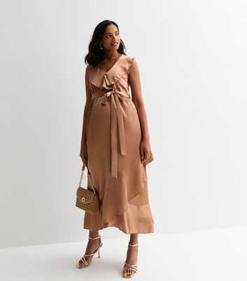 Maternity Brown Tie-Waist Frill-Trim Midi Dress