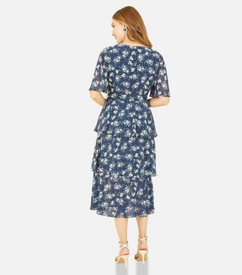 Yumi Blue Floral Flutter Sleeve Tiered Midi Dress New Look