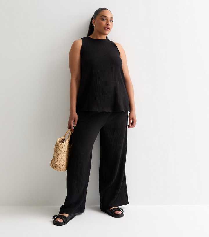 Curves Black Textured Cotton Wide Leg Trousers