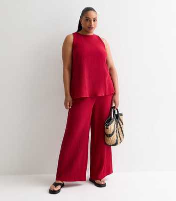 Curves Red Textured Cotton Wide Leg Trousers