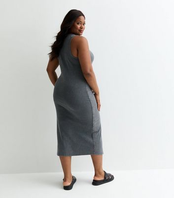 Curves Grey Ribbed Racer Bodycon Midi Dress New Look