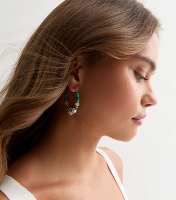Turquoise Beaded Hoop Earrings New Look