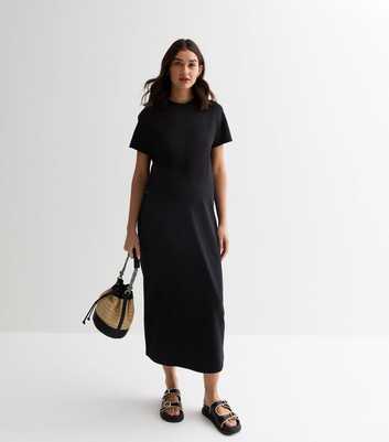 Maternity Black Cotton Midi T-Shirt Dress