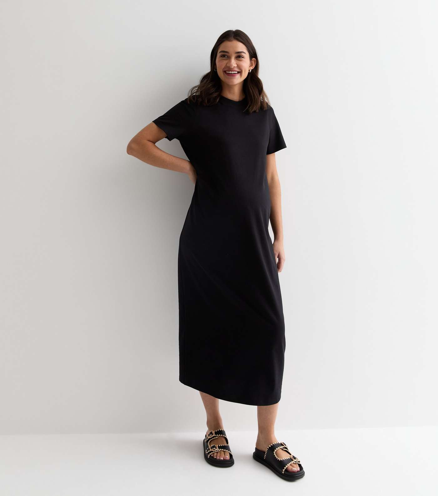 Maternity Black Cotton Midi T-Shirt Dress Image 3