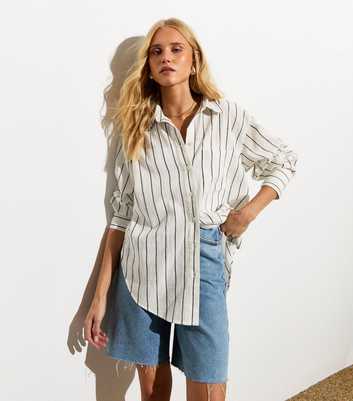 White Cotton-Linen Blend Stripe Print Shirt 