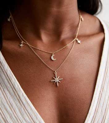 Gold Diamante Star Moon Layered Necklace