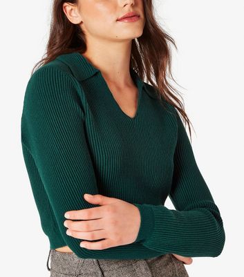 Apricot Green Ribbed Collared Crop Jumper New Look