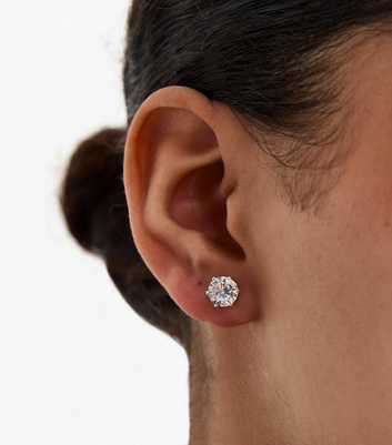 Silver Tone Round Cubic Zirconia Stud Earrings