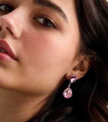 Pink Diamante Gem Tear Drop Earrings 