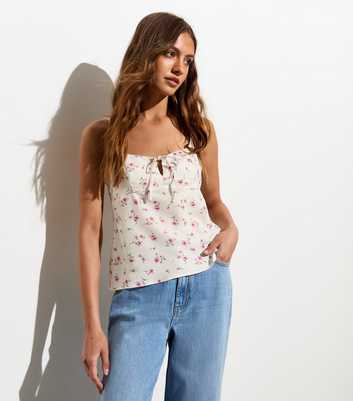 White Floral Ditsy Print Tie Neck Cami Top