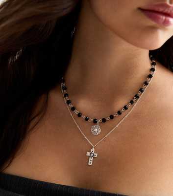 Silver Beaded Layered Cross Pendant Necklace