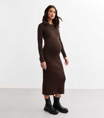 Maternity Brown Hemline Slit Rib Knit Dress