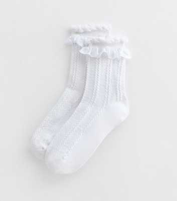 White Cotton-Blend Knit Frill Socks