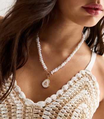 Cream Faux-Pearl Beaded 'A' Graphic Necklace 