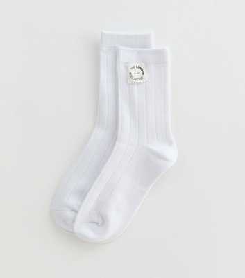 White Ribbed Cotton Logo-Tab Socks