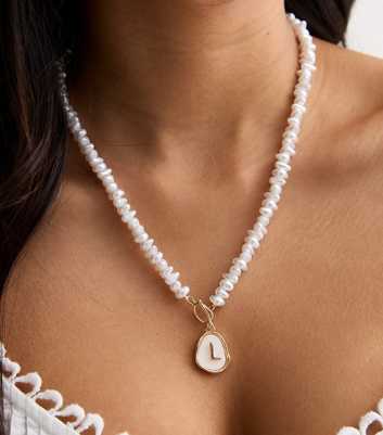 Cream Faux Pearl Beaded L Initial Necklace