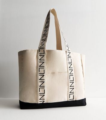 Off White Logo Strap Canvas Sporty Tote Bag New Look