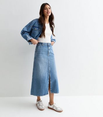 Blue Denim Flared Midi Skirt